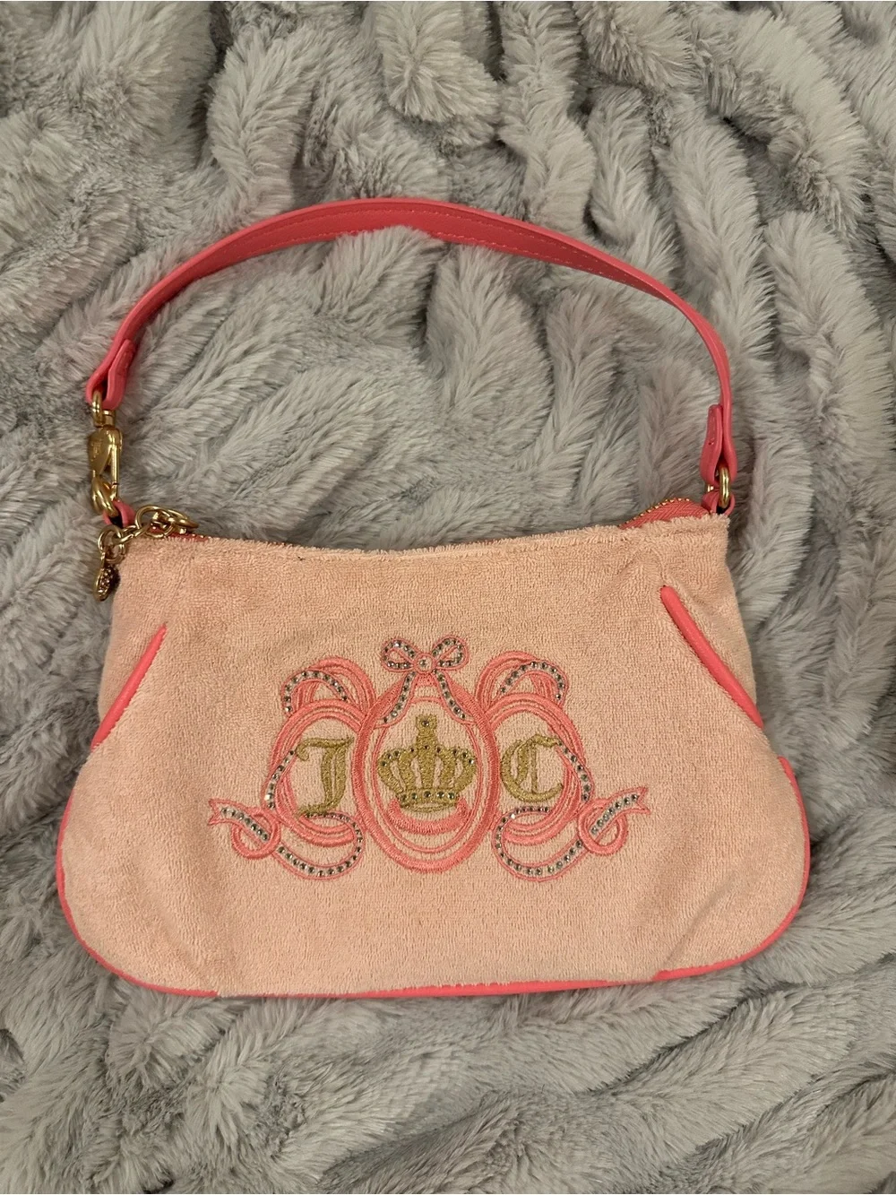 Juicy Couture Terry Cloth Pink Embroidered Crown Accent Shoulder Bag